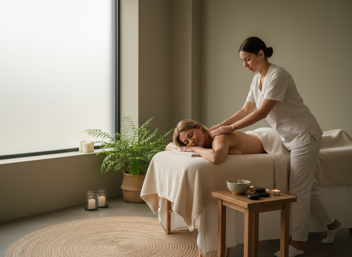 A warm, professional wellness therapy scene in a calm treatment room: a client comfortably receiving a relaxing massage from a therapist, soft natural light, neutral spa colours, welcoming and reassuring atmosphere, no text, suitable as a WordPress blog featured image.