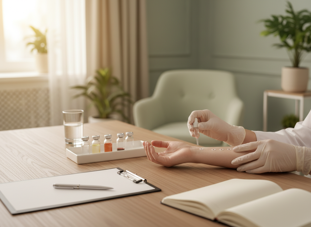 A warm, professional editorial photograph for a wellness blog about understanding allergy testing: a clean consultation desk with allergy test materials, a clipboard, pen, and a practitioner’s hands, calm neutral green and cream palette, no readable text, no logos.